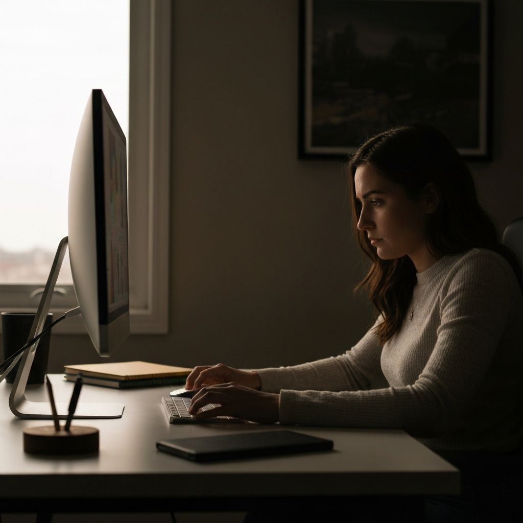 Professionelles Arbeitsumfeld mit Computermonitor, ergonomischer Schreibtischaufbau und natürlichem Licht