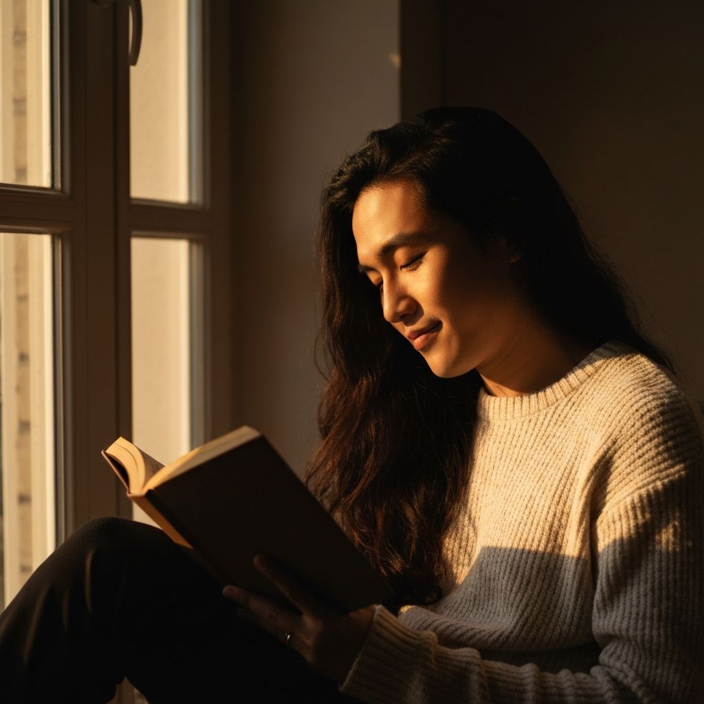 Person liest ein Buch in natürlichem Tageslicht, entspannte und friedliche Atmosphäre
