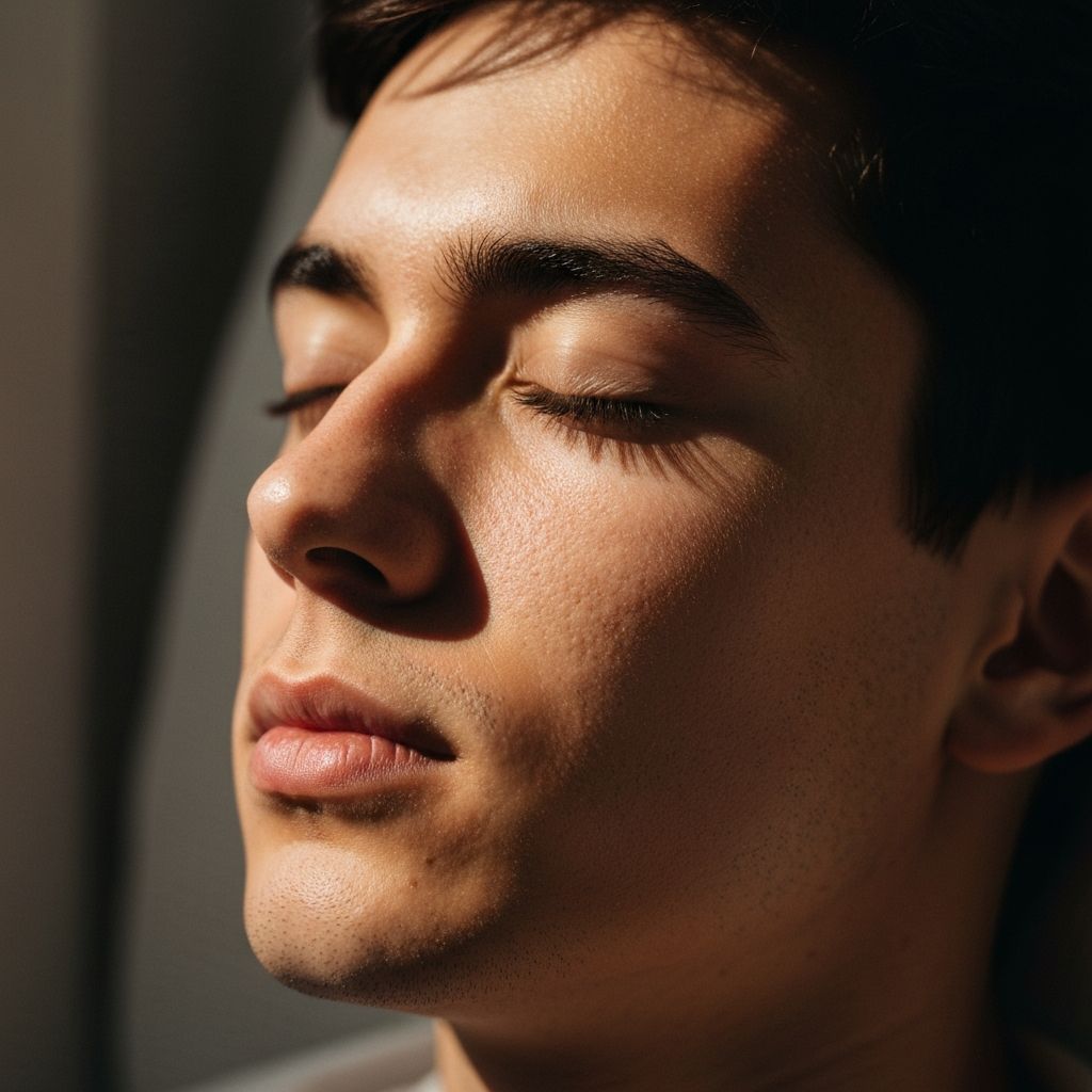 Großaufnahme einer Person mit geschlossenen Augen in friedlichem Zustand